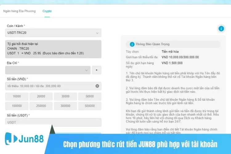 Chọn phương thức rút tiền JUN88 phù hợp với tài khoản