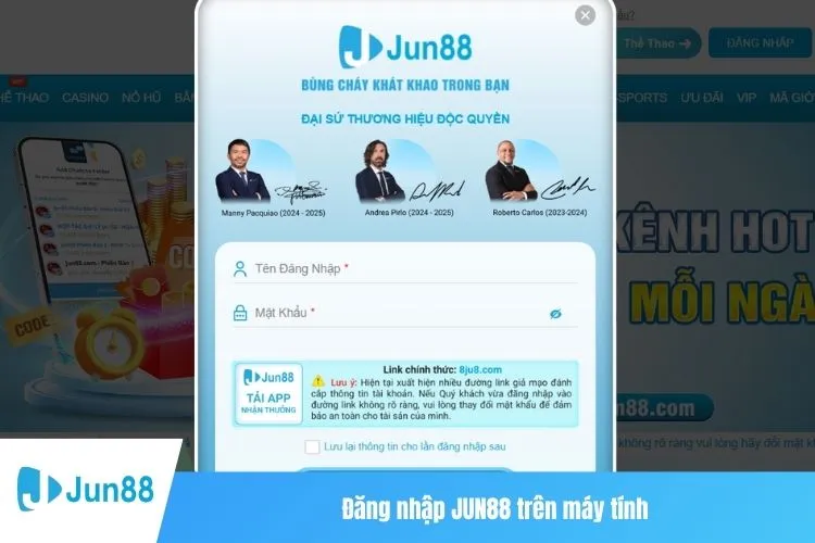 Đăng nhập JUN88 trên máy tính